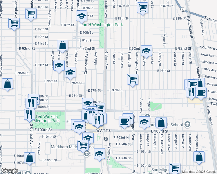 map of restaurants, bars, coffee shops, grocery stores, and more near 9614 Graham Avenue in Los Angeles