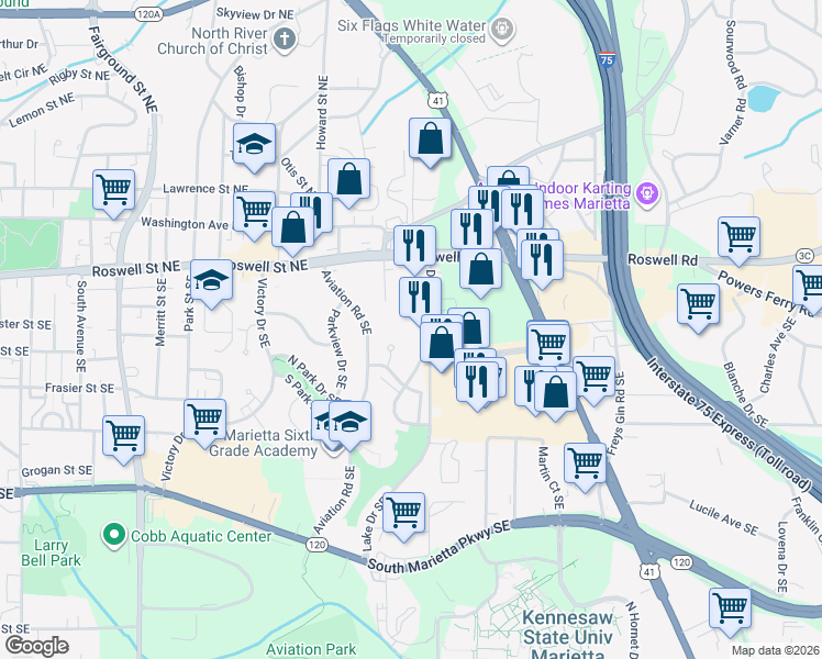 map of restaurants, bars, coffee shops, grocery stores, and more near 163 Rhomar Circle Southeast in Marietta