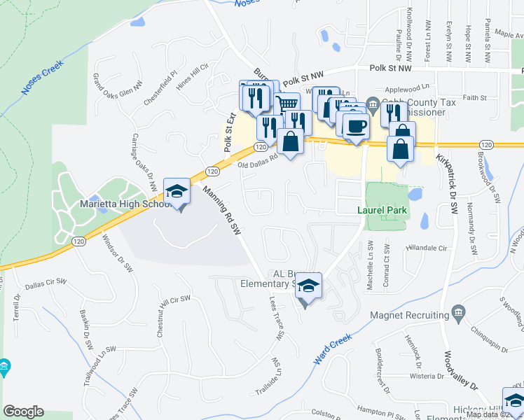map of restaurants, bars, coffee shops, grocery stores, and more near 301 Hickory Walk in Marietta