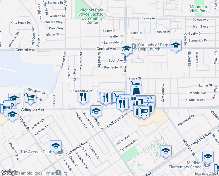 map of restaurants, bars, coffee shops, grocery stores, and more near 5428 Granada Avenue in Riverside