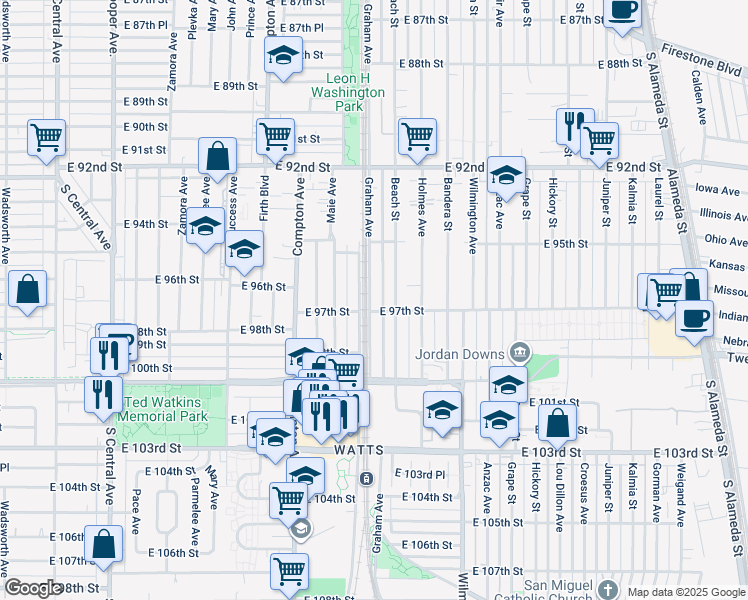 map of restaurants, bars, coffee shops, grocery stores, and more near 9614 Graham Avenue in Los Angeles