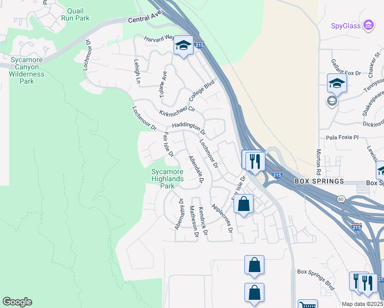 map of restaurants, bars, coffee shops, grocery stores, and more near 1439 Lochaber Court in Riverside