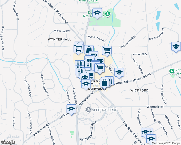 map of restaurants, bars, coffee shops, grocery stores, and more near 5490 Chamblee Dunwoody Road in Dunwoody