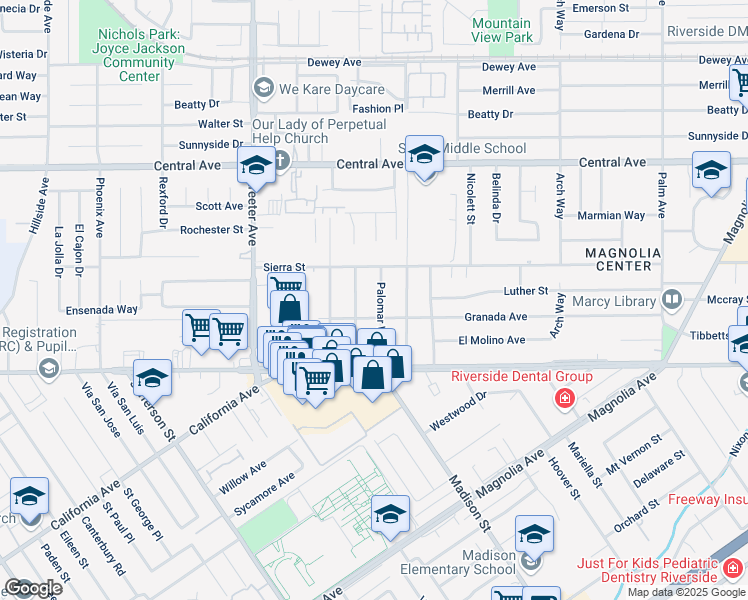 map of restaurants, bars, coffee shops, grocery stores, and more near 6865 Palomar Way in Riverside