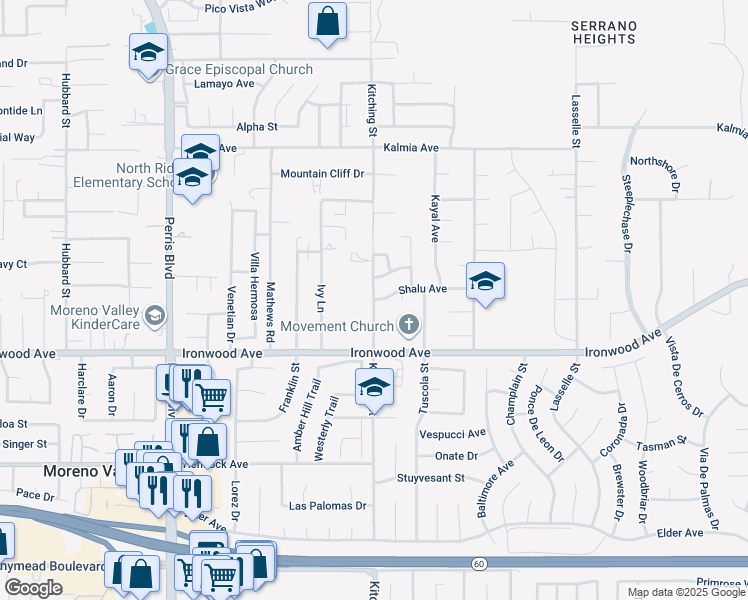 map of restaurants, bars, coffee shops, grocery stores, and more near Kitching Street in Moreno Valley