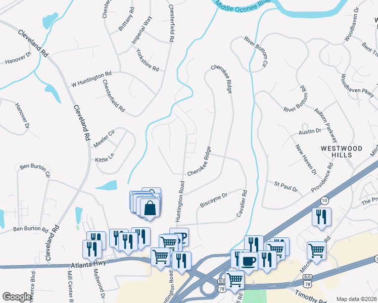 map of restaurants, bars, coffee shops, grocery stores, and more near 454 Huntington Road in Athens