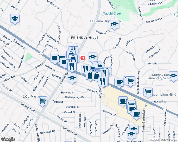 map of restaurants, bars, coffee shops, grocery stores, and more near 9831 La Serna Drive in Whittier