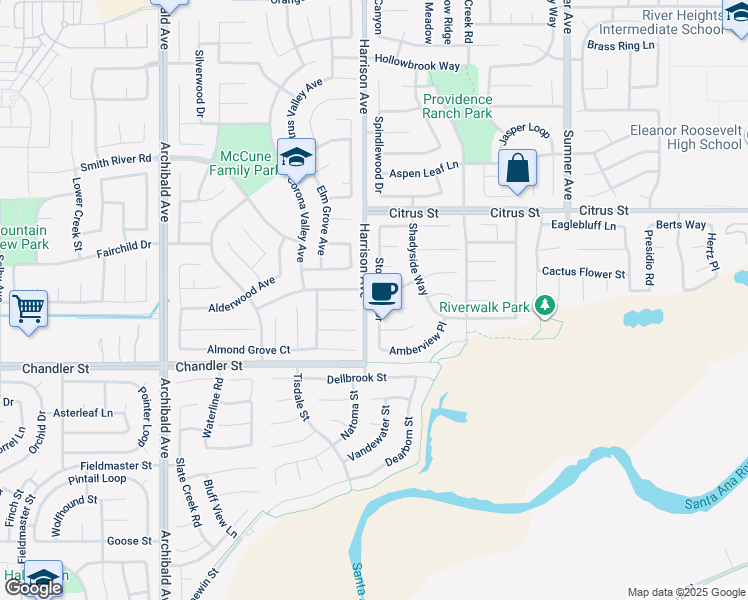 map of restaurants, bars, coffee shops, grocery stores, and more near 7681 Stonegate Drive in Corona