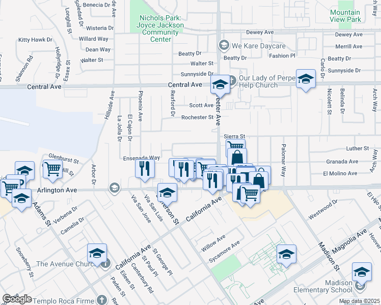 map of restaurants, bars, coffee shops, grocery stores, and more near 5405 Granada Avenue in Riverside