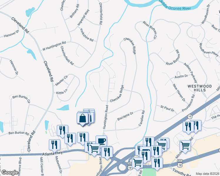 map of restaurants, bars, coffee shops, grocery stores, and more near 454 Huntington Road in Athens
