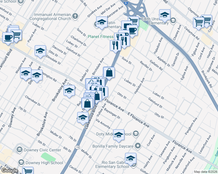 map of restaurants, bars, coffee shops, grocery stores, and more near 9986 Lakewood Boulevard in Downey