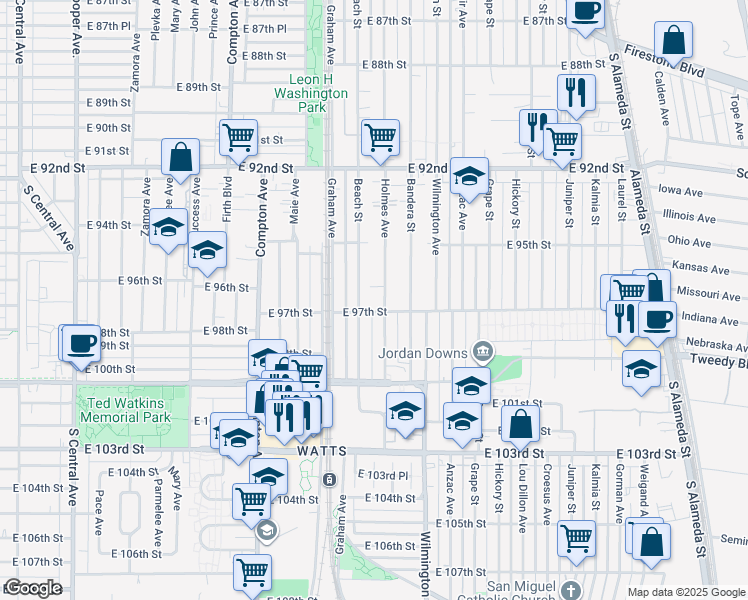 map of restaurants, bars, coffee shops, grocery stores, and more near 9617 Holmes Avenue in Los Angeles