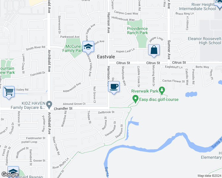 map of restaurants, bars, coffee shops, grocery stores, and more near 7681 Stonegate Drive in Corona