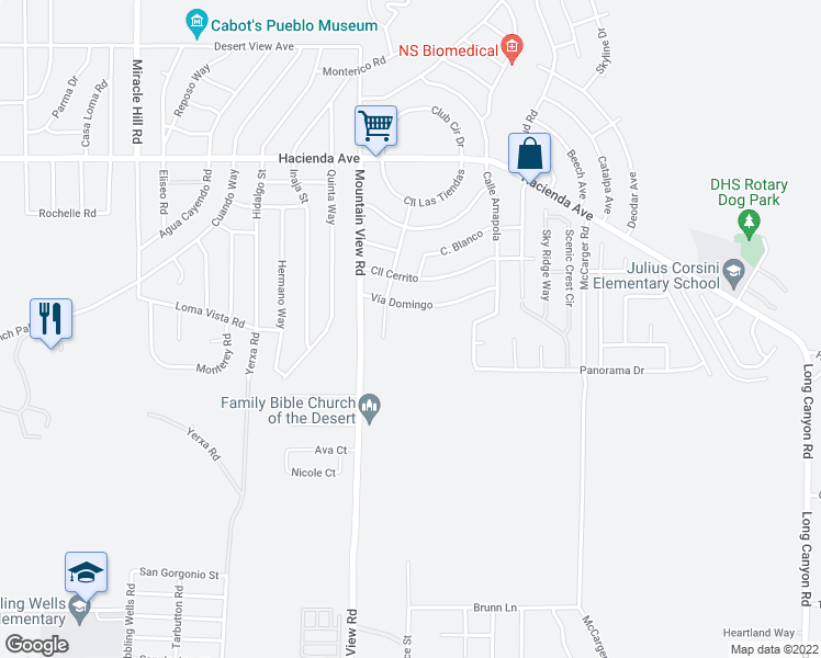 map of restaurants, bars, coffee shops, grocery stores, and more near 13704 Avenue Hermosa in Desert Hot Springs