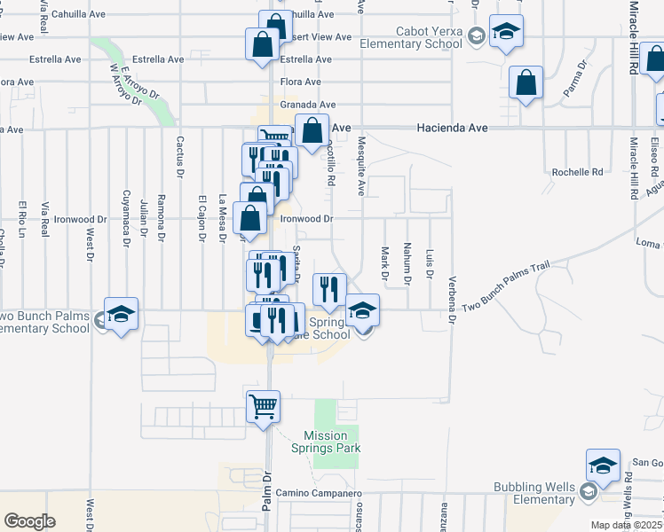 map of restaurants, bars, coffee shops, grocery stores, and more near 13800 Susan Way in Desert Hot Springs