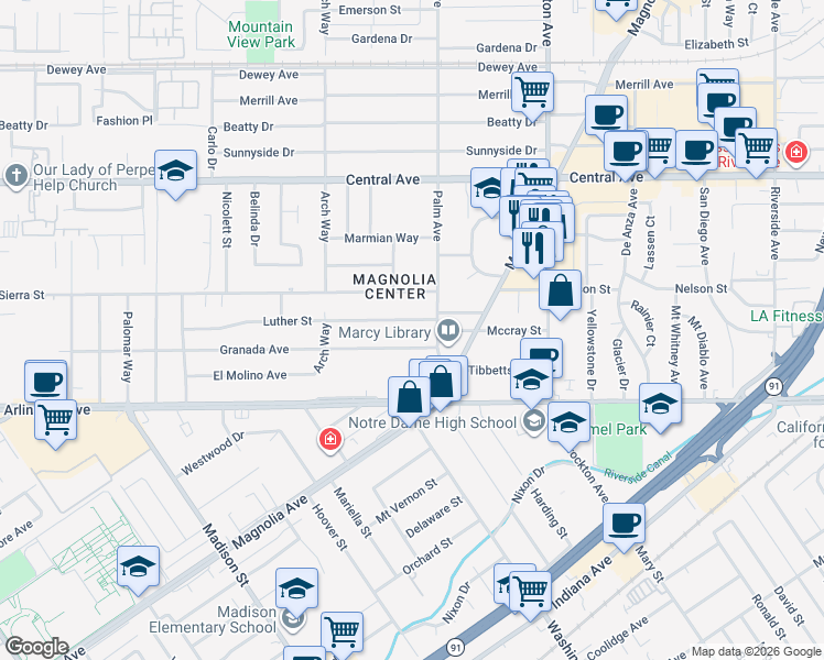 map of restaurants, bars, coffee shops, grocery stores, and more near 4538 Granada Avenue in Riverside