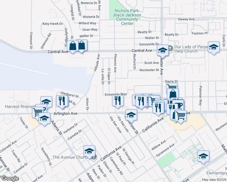 map of restaurants, bars, coffee shops, grocery stores, and more near 5630 Ensenada Way in Riverside