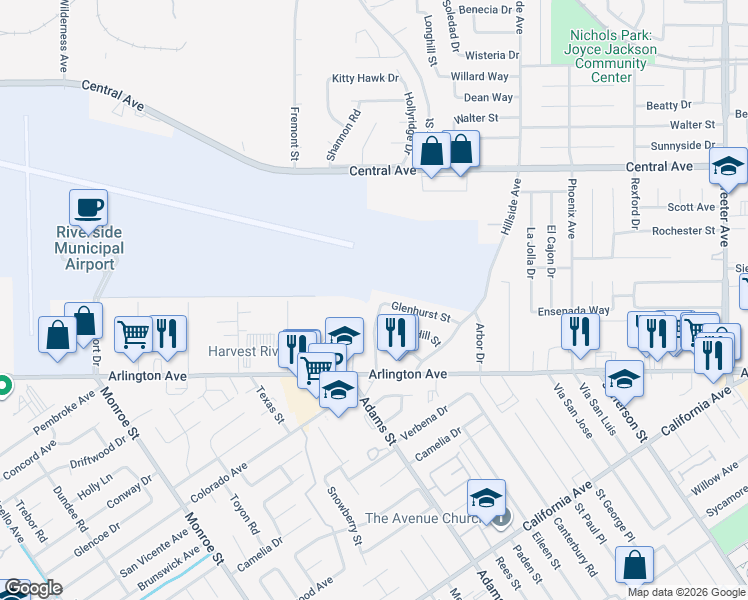 map of restaurants, bars, coffee shops, grocery stores, and more near 5989 Crystal Hill Street in Riverside