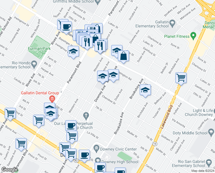 map of restaurants, bars, coffee shops, grocery stores, and more near 10446 Downey Avenue in Downey
