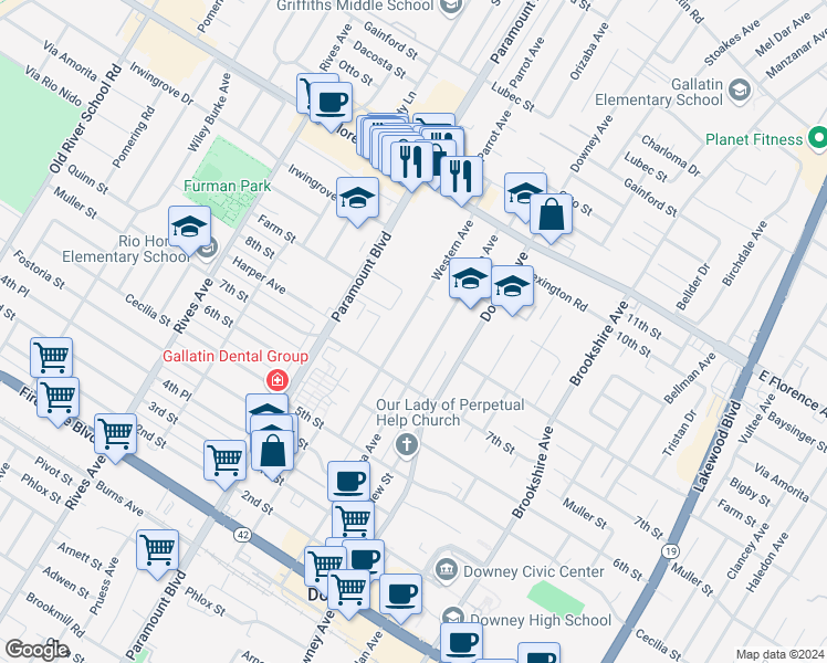 map of restaurants, bars, coffee shops, grocery stores, and more near 10524 Western Avenue in Downey