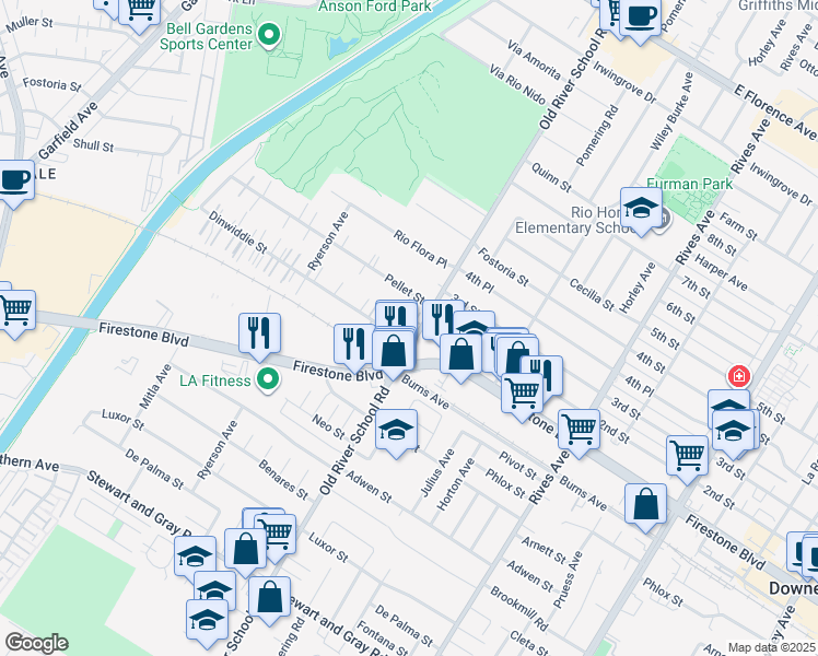 map of restaurants, bars, coffee shops, grocery stores, and more near 7360 Dinwiddie Street in Downey