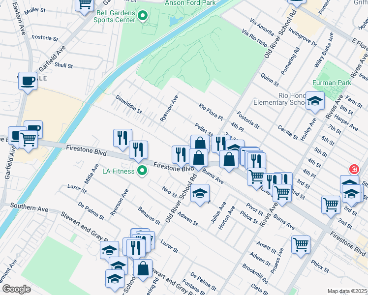 map of restaurants, bars, coffee shops, grocery stores, and more near 7332 Dinwiddie Street in Downey