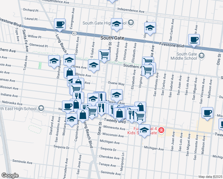 map of restaurants, bars, coffee shops, grocery stores, and more near 9538 Deeble Street in South Gate