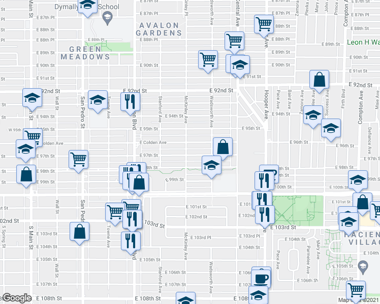 map of restaurants, bars, coffee shops, grocery stores, and more near 826 East 97th Street in Los Angeles
