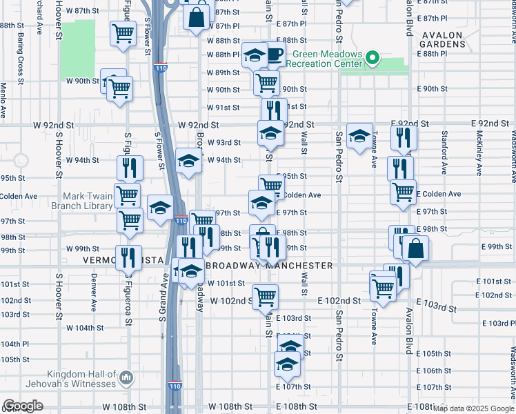 map of restaurants, bars, coffee shops, grocery stores, and more near 124 West 97th Street in Los Angeles