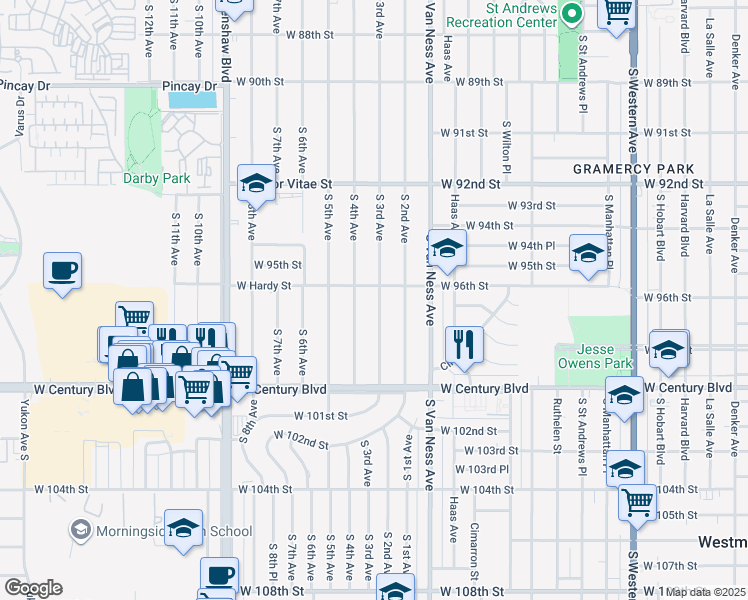 map of restaurants, bars, coffee shops, grocery stores, and more near 9627 South 3rd Avenue in Inglewood