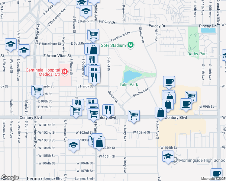 map of restaurants, bars, coffee shops, grocery stores, and more near 3883 West Century Boulevard in Inglewood