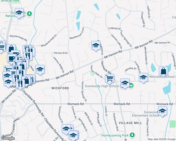 map of restaurants, bars, coffee shops, grocery stores, and more near 5107 Vernon Springs Drive in Dunwoody