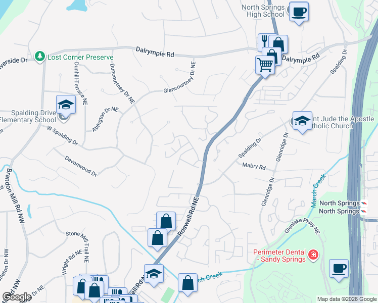map of restaurants, bars, coffee shops, grocery stores, and more near 7320 Cardigan Circle Northeast in Atlanta