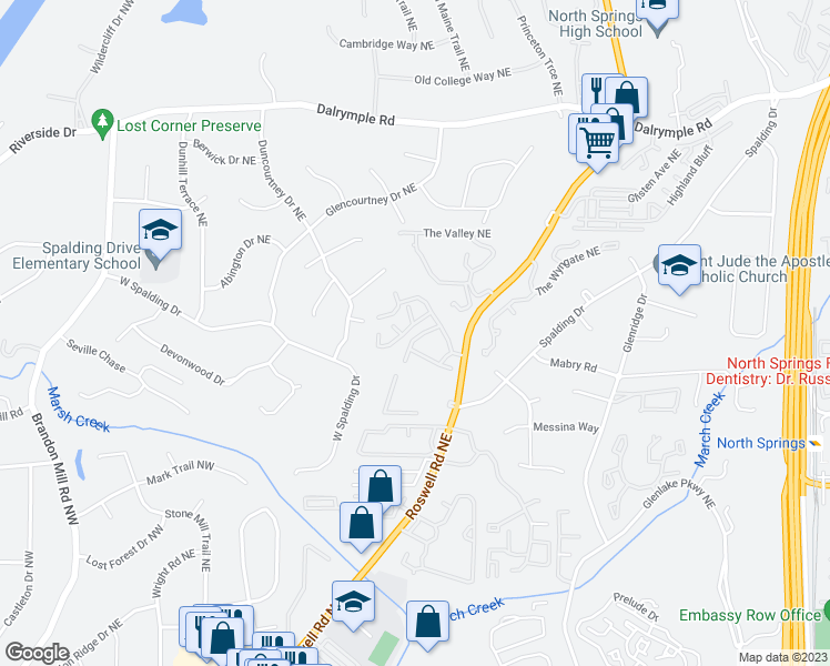 map of restaurants, bars, coffee shops, grocery stores, and more near 7098 Stonington Drive Northeast in Atlanta