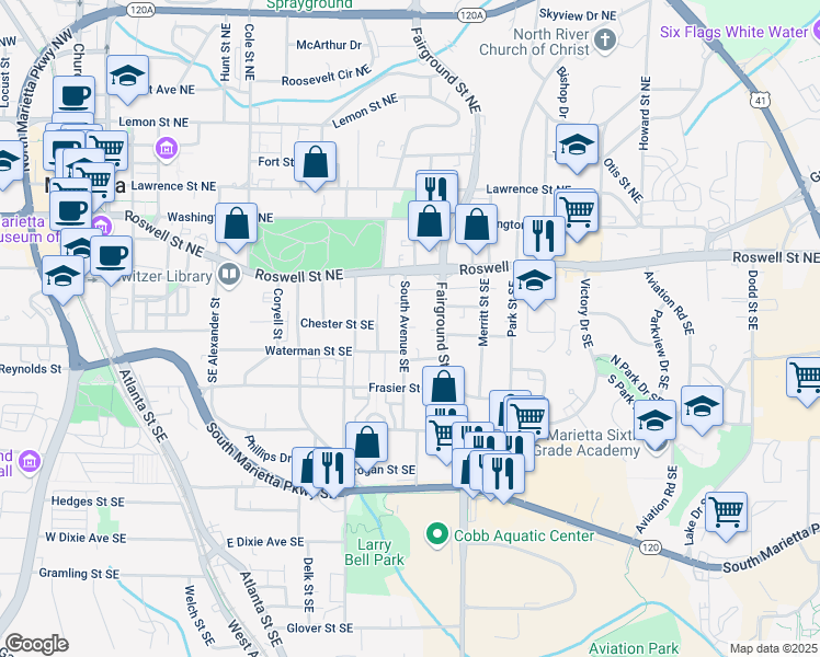 map of restaurants, bars, coffee shops, grocery stores, and more near Inglenook Walk in Marietta