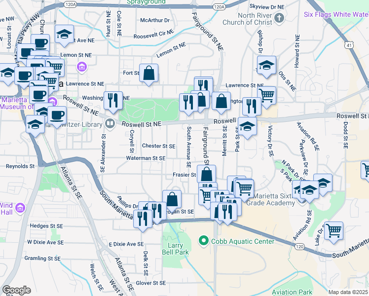 map of restaurants, bars, coffee shops, grocery stores, and more near 130 South Avenue Southeast in Marietta