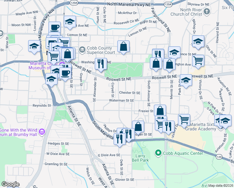 map of restaurants, bars, coffee shops, grocery stores, and more near 389 Waterman Street Southeast in Marietta