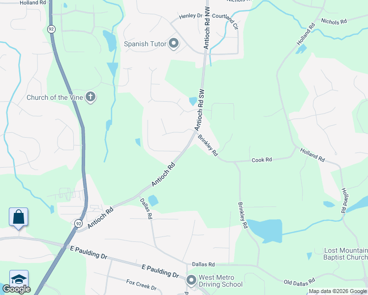 map of restaurants, bars, coffee shops, grocery stores, and more near 5900 Seven Oaks Drive in Powder Springs
