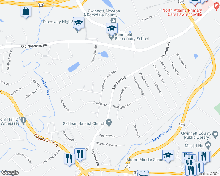 map of restaurants, bars, coffee shops, grocery stores, and more near 1269 Monfort Road in Lawrenceville