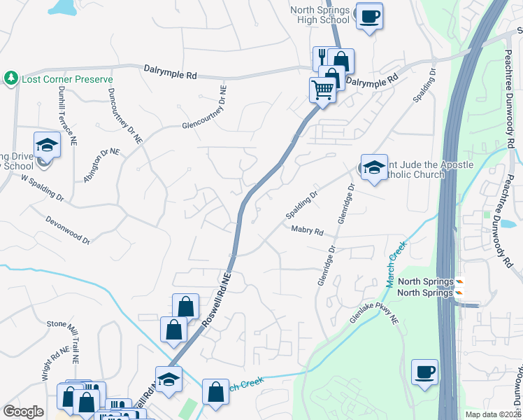 map of restaurants, bars, coffee shops, grocery stores, and more near 244 Spalding Gates Drive Northeast in Atlanta