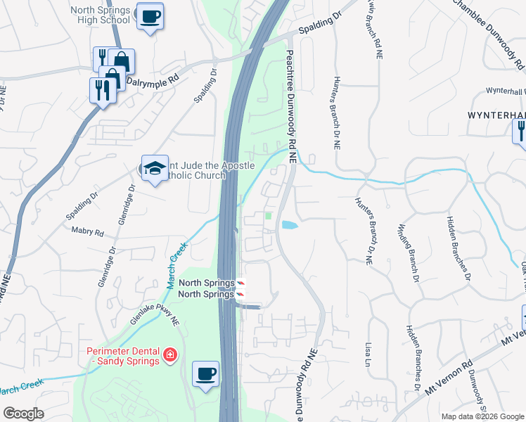 map of restaurants, bars, coffee shops, grocery stores, and more near 7150 Peachtree Dunwoody Road in Atlanta