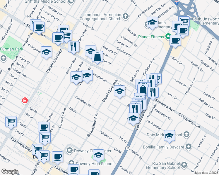 map of restaurants, bars, coffee shops, grocery stores, and more near 10337 Brookshire Avenue in Downey
