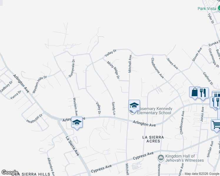 map of restaurants, bars, coffee shops, grocery stores, and more near 6597 Sandy Lane in Riverside