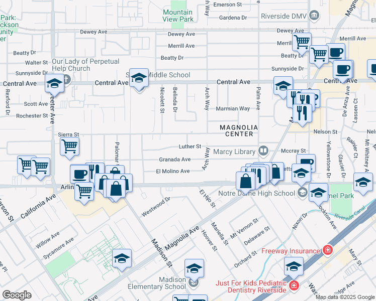 map of restaurants, bars, coffee shops, grocery stores, and more near 4772 Luther Street in Riverside