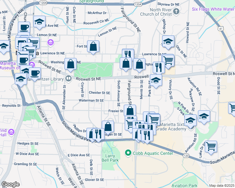 map of restaurants, bars, coffee shops, grocery stores, and more near 130 South Avenue Southeast in Marietta