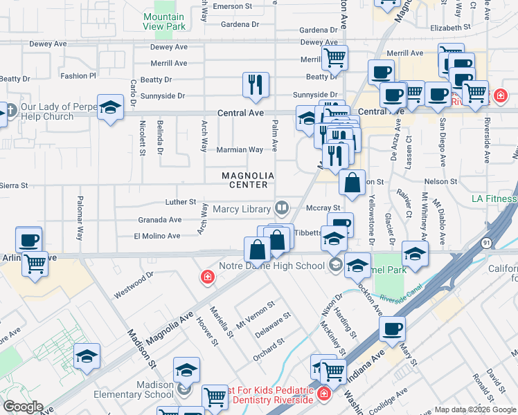 map of restaurants, bars, coffee shops, grocery stores, and more near 4538 Granada Avenue in Riverside