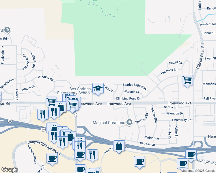 map of restaurants, bars, coffee shops, grocery stores, and more near 22278 Naples Drive in Moreno Valley