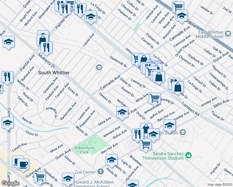 map of restaurants, bars, coffee shops, grocery stores, and more near 13924 Oval Drive in Whittier