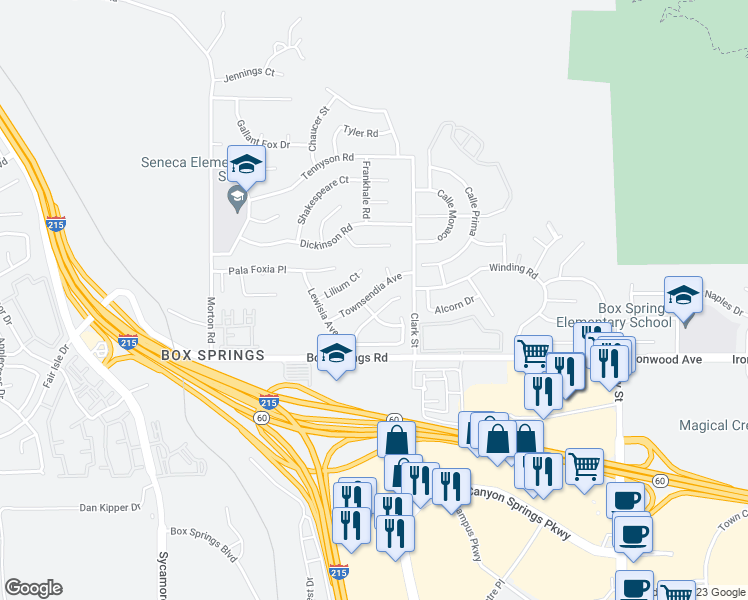 map of restaurants, bars, coffee shops, grocery stores, and more near 21421 Townsendia Avenue in Moreno Valley
