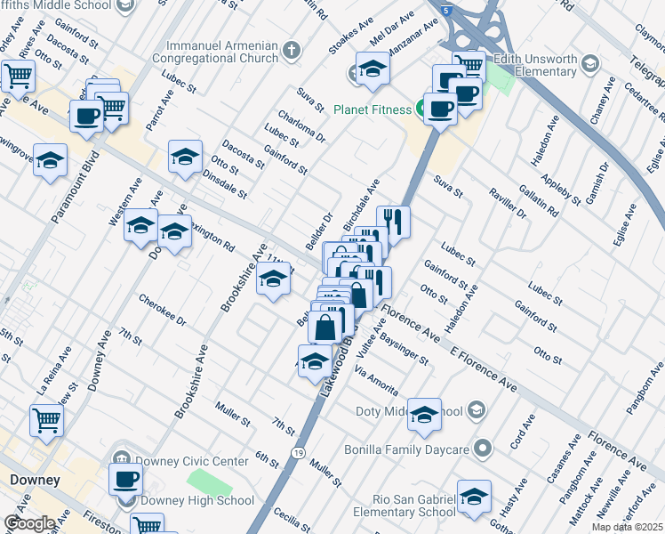 map of restaurants, bars, coffee shops, grocery stores, and more near 8630 Florence Avenue in Downey